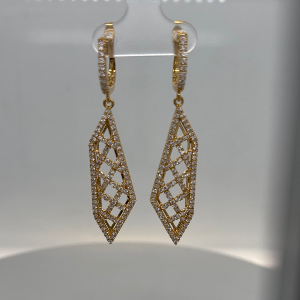Gold Lattice Drop Earrings with Clear Crystals - Women Jewelry